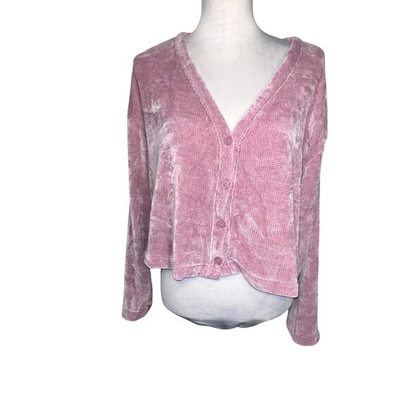 Old Navy rose dawn size L crop long sleeve button front Deep V knit Chenille top - Picture 1 of 7